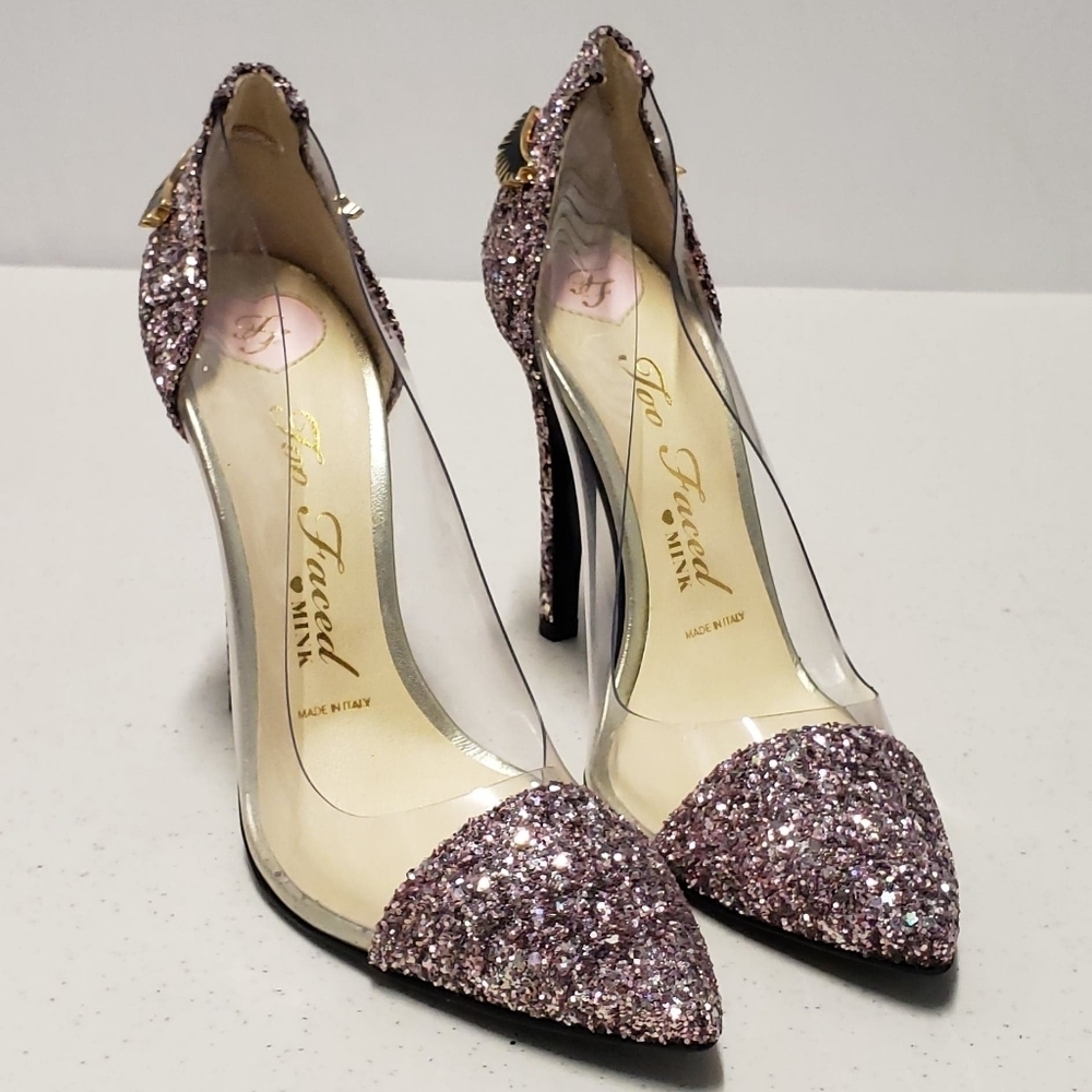 TOO FACED Better Than Sex Pink Glitter Heels Made in Italy Size 36 - Picture 6 of 16